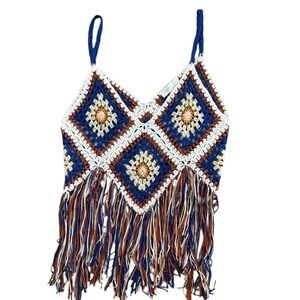 WOMENS SIZE MEDIUM CROCHET MULTICOLORED CROP TOP ASYMMETRICAL FRINGE BOTTOM